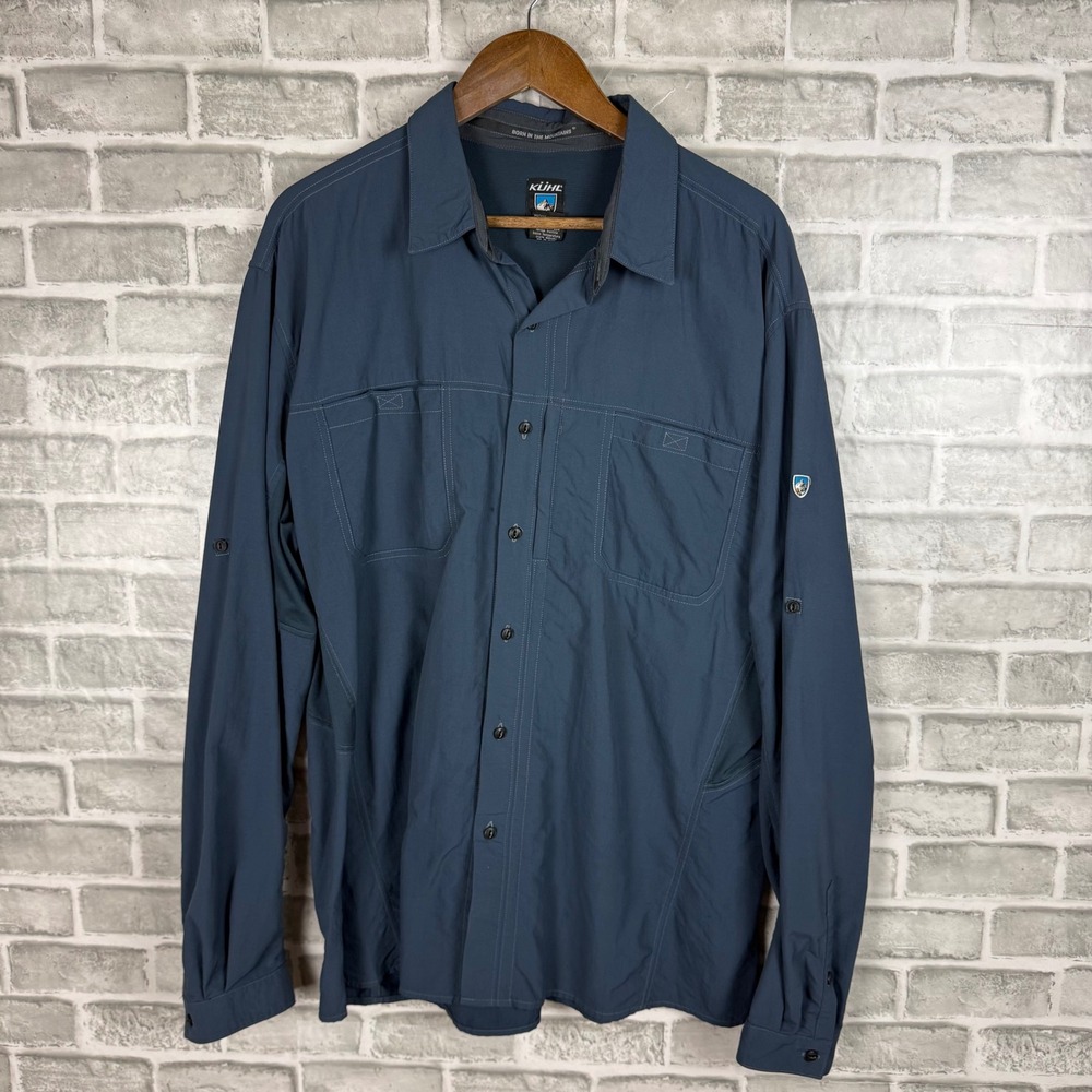 Kuhl Mens XXL Blue Nylon Long Sleeve Roll Tab Button Down Hiking Shirt RN108846